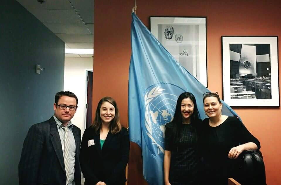 Justin Chapman, Amanda Lester, Jung-hwa “Judy” Kang, and Andi Gitow at the UN Information Center