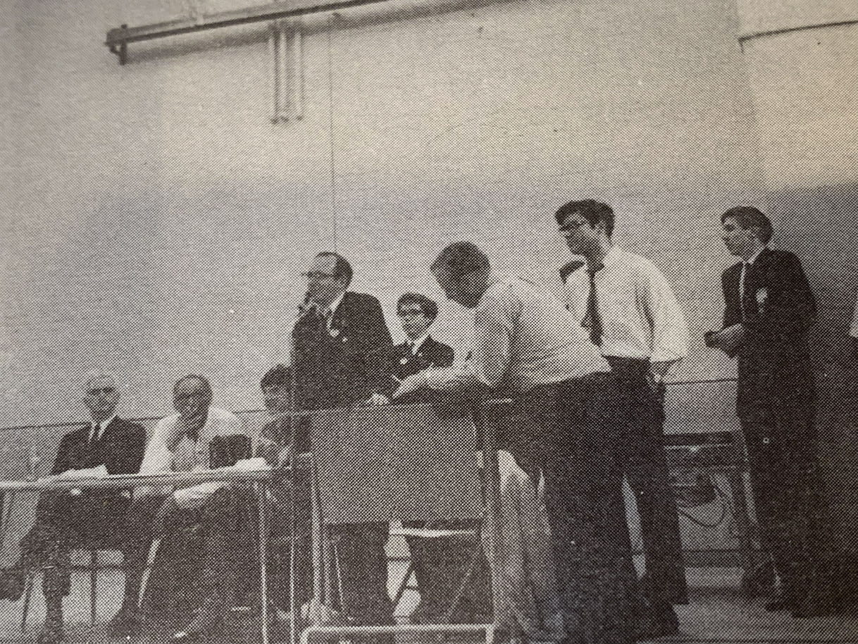 Joe Duffey speaks to Eugene McCarthy for President supporters at Hartford High School. Geoffrey Cowan is pictured second from right.